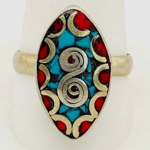 Artisan Gold Ring with Red and Turquoise Mosaic Size 6 vintage silver
